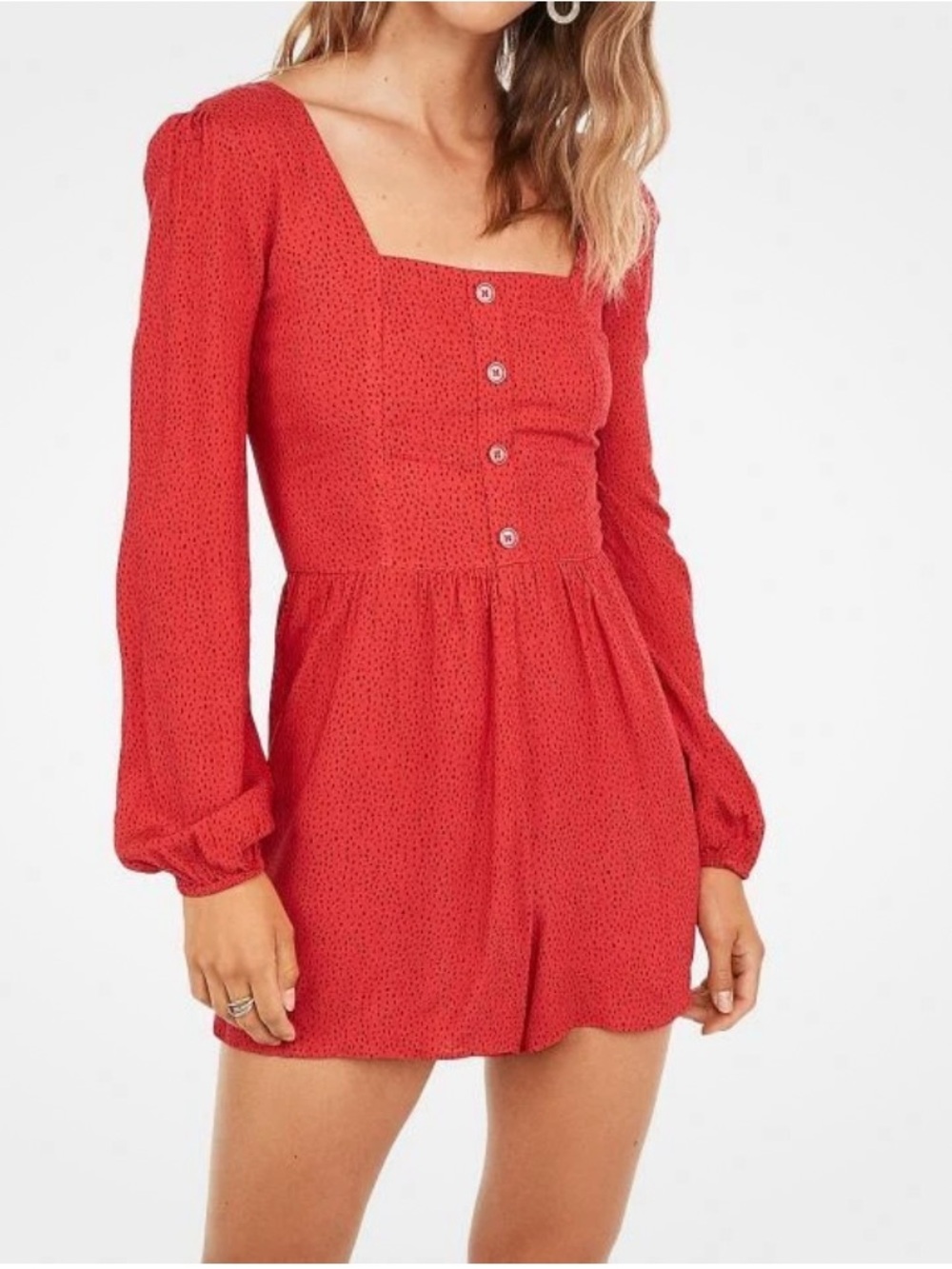 Express Red Polka Dot Romper Puff Sleeve Square Neck Size M (fits like small)